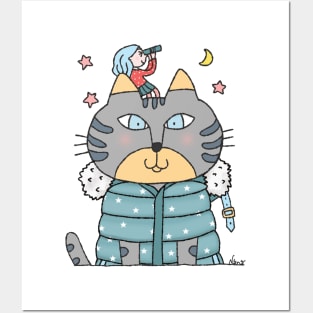 Gray Cat In Puffy Coat with a Pretty Stargazer on Head Posters and Art